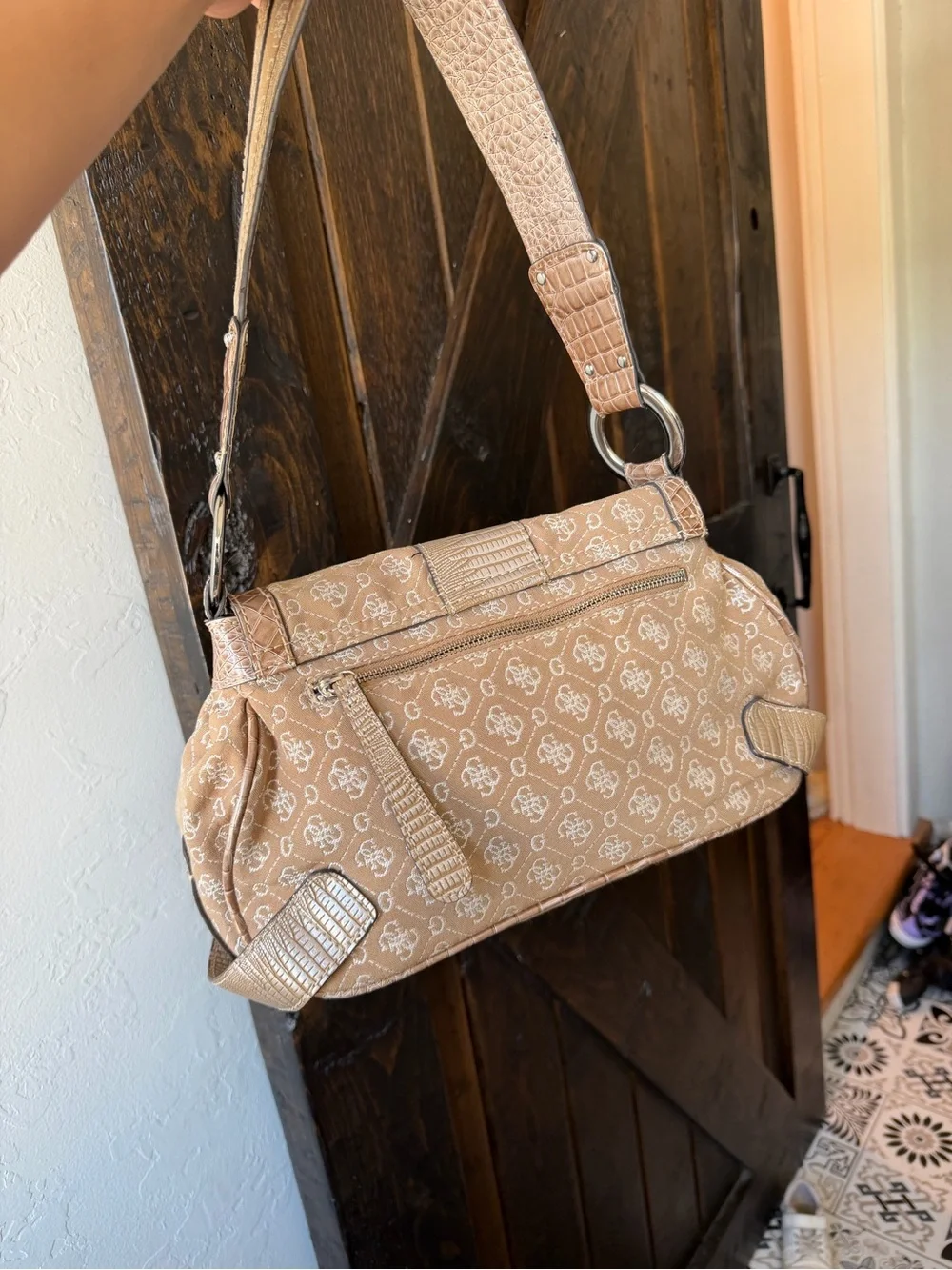 Vintage Guess Y2K Monogram Jacquard Shoulder Bag Beige Croc Buckle Purse Sleaze